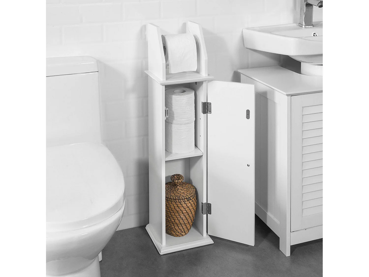 Support Papier Toilette Armoire Toilettes Porte Brosse Wc Sur Pied En Bois –blanc, BZr53-w