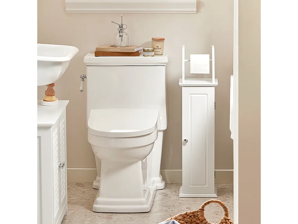 Support Papier Toilette Armoire Toilettes Porte Brosse Wc Sur Pied En Bois –blanc, BZr53-w