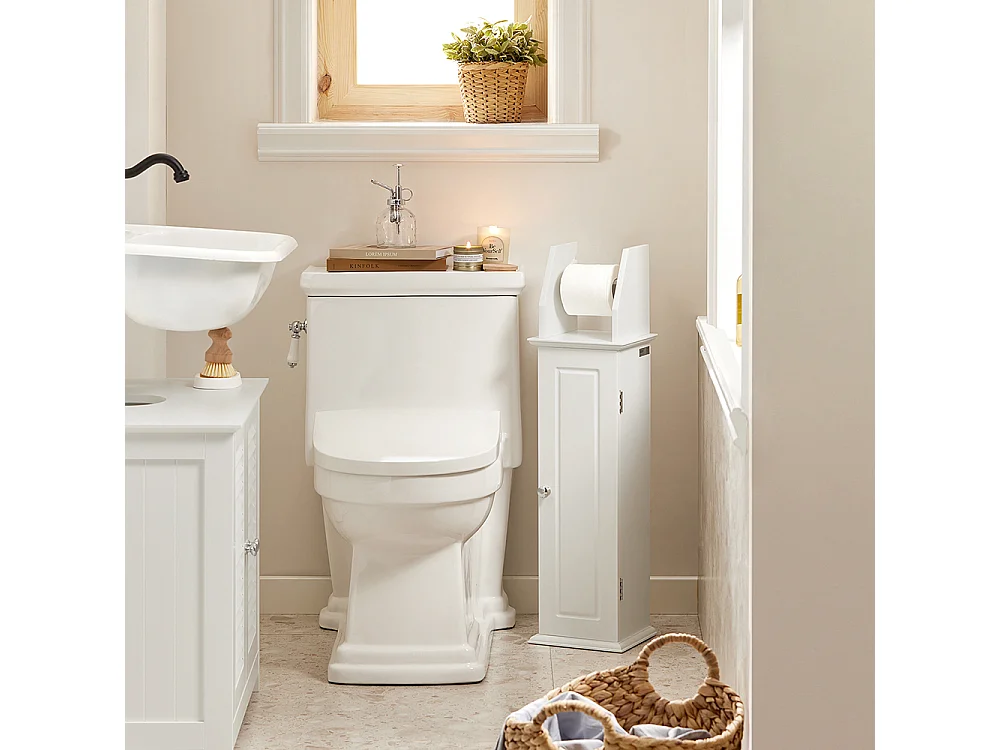 Support Papier Toilette Armoire Toilettes Porte Brosse Wc Sur Pied En Bois –blanc, BZr53-w