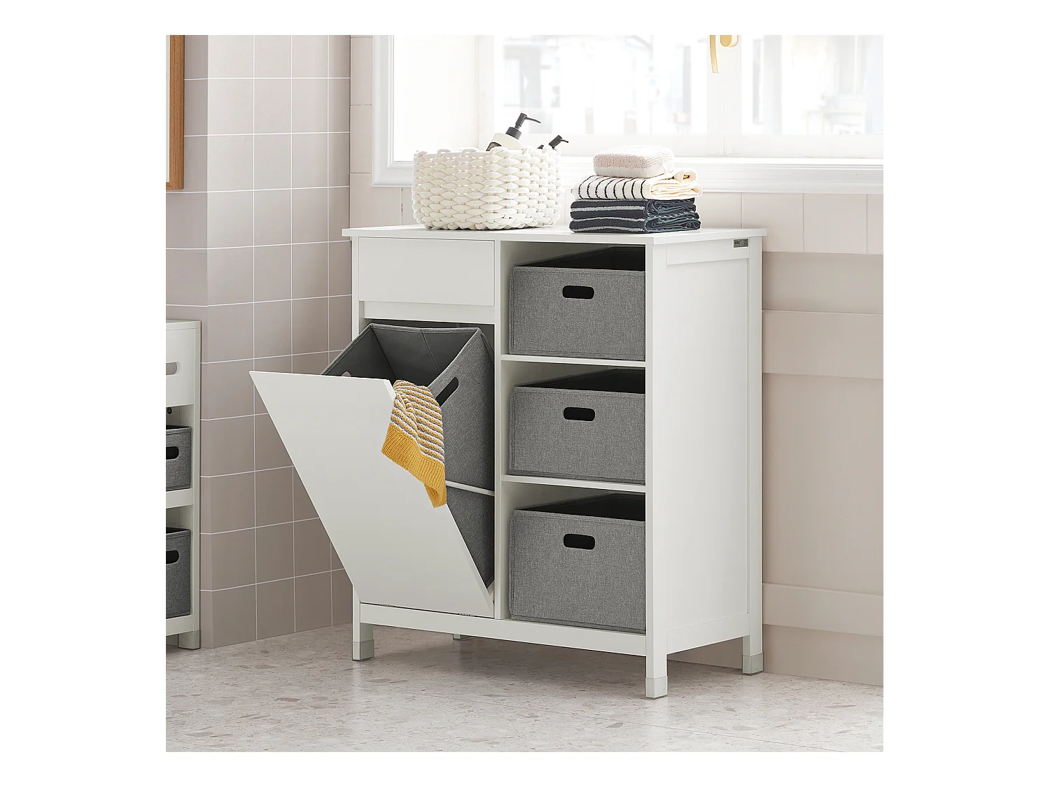 SoBuy BZR77-W Badkamerkast met Kantelbare Wasmand, Badkamermeubel met Waskast, Lage Kast, Staande Kast met 1 Lade, 1 Wasmand en 3 Compartiment