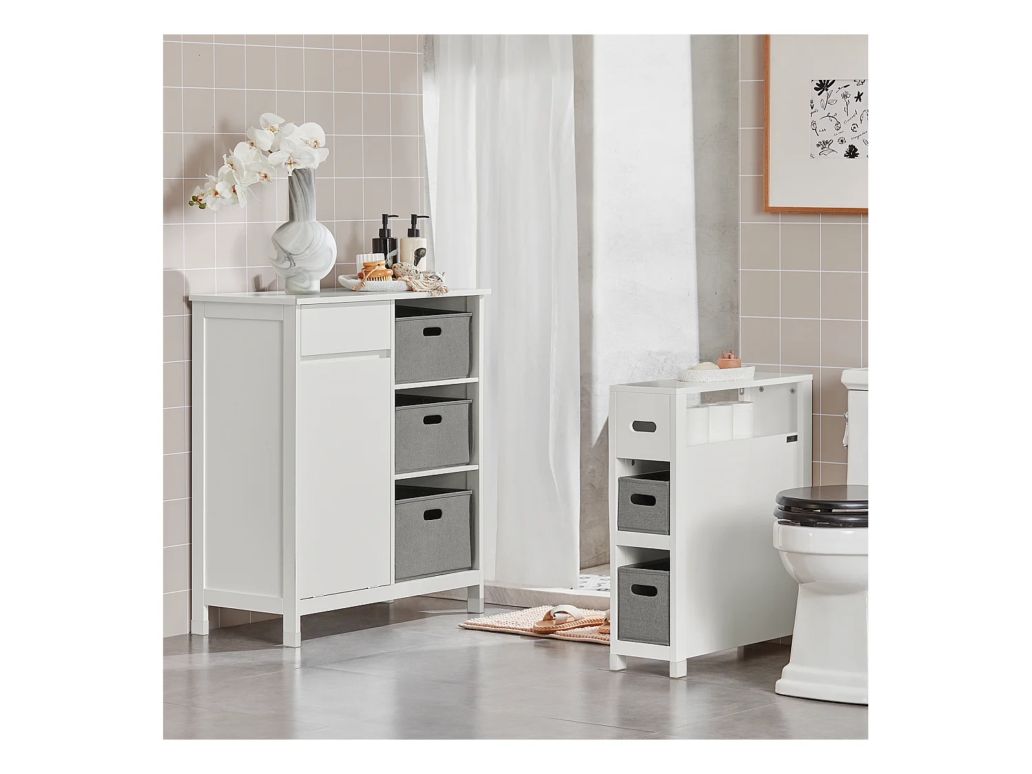 SoBuy BZR77-W Badkamerkast met Kantelbare Wasmand, Badkamermeubel met Waskast, Lage Kast, Staande Kast met 1 Lade, 1 Wasmand en 3 Compartiment