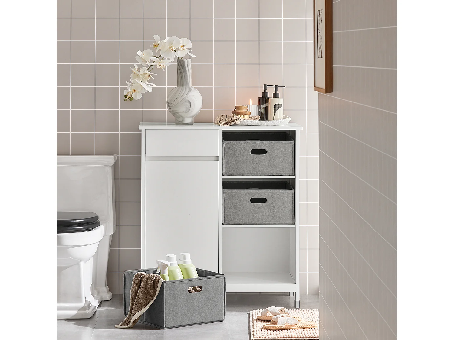 SoBuy BZR77-W Badkamerkast met Kantelbare Wasmand, Badkamermeubel met Waskast, Lage Kast, Staande Kast met 1 Lade, 1 Wasmand en 3 Compartiment