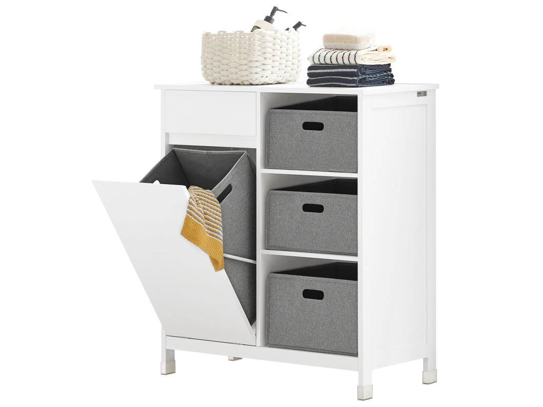 SoBuy BZR77-W Badkamerkast met Kantelbare Wasmand, Badkamermeubel met Waskast, Lage Kast, Staande Kast met 1 Lade, 1 Wasmand en 3 Compartiment