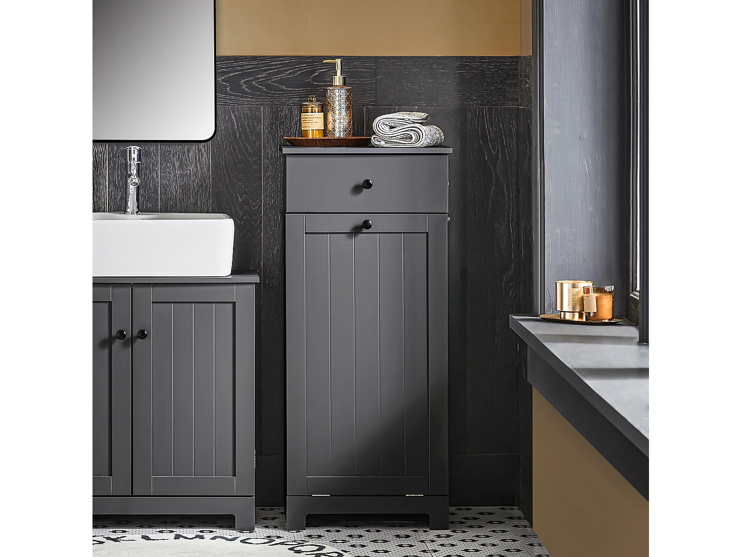 SoBuy Mobile porta biancheria per bagno con cassetto e cesto biancheria sporca L40*P38*A90cm Grigio BZR21-DG