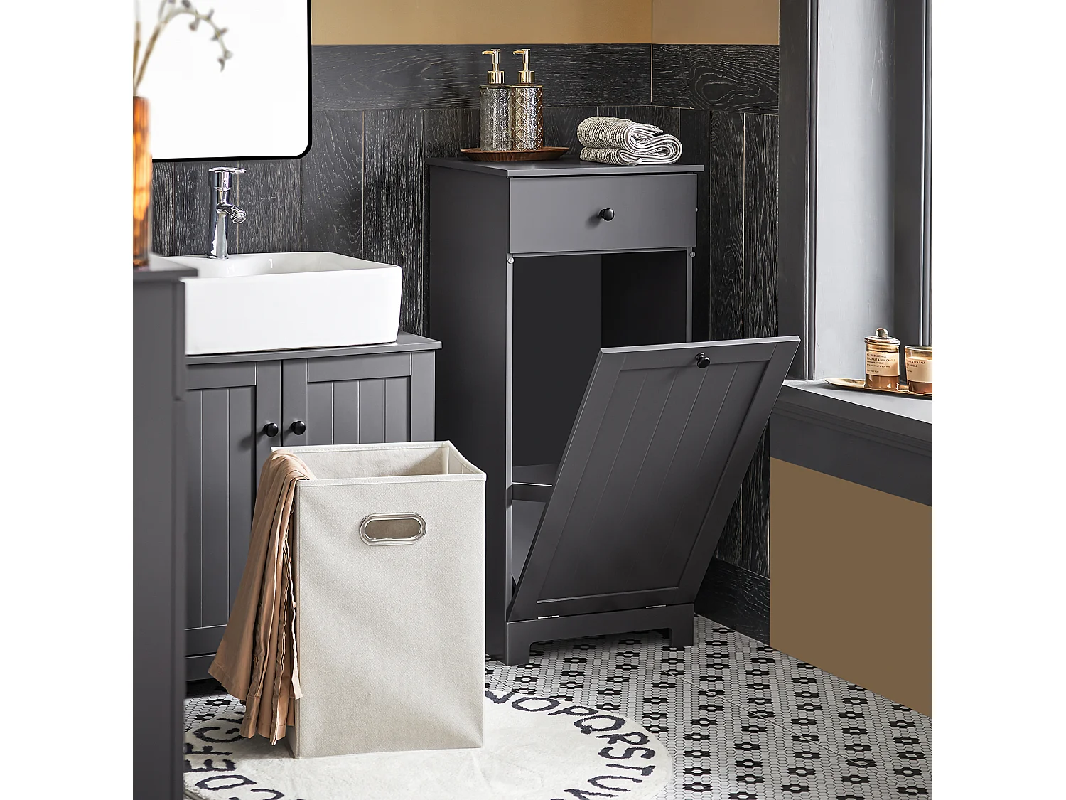 SoBuy Mobile porta biancheria per bagno con cassetto e cesto biancheria sporca L40*P38*A90cm Grigio BZR21-DG