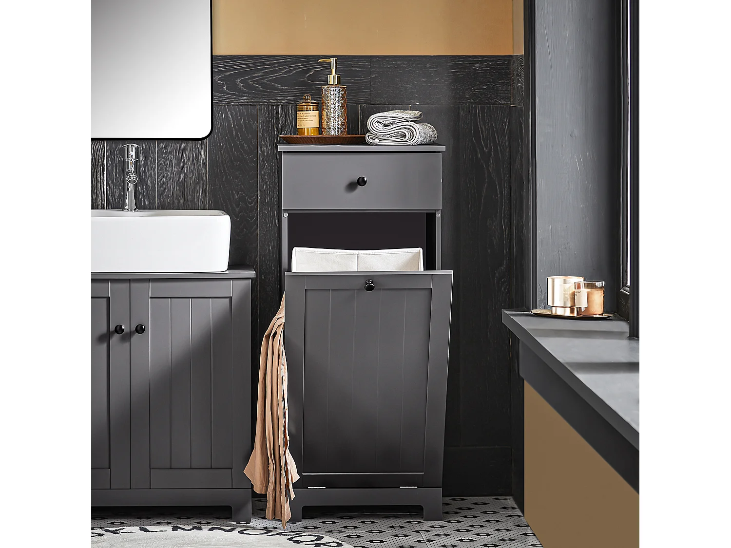 SoBuy Mobile porta biancheria per bagno con cassetto e cesto biancheria sporca L40*P38*A90cm Grigio BZR21-DG