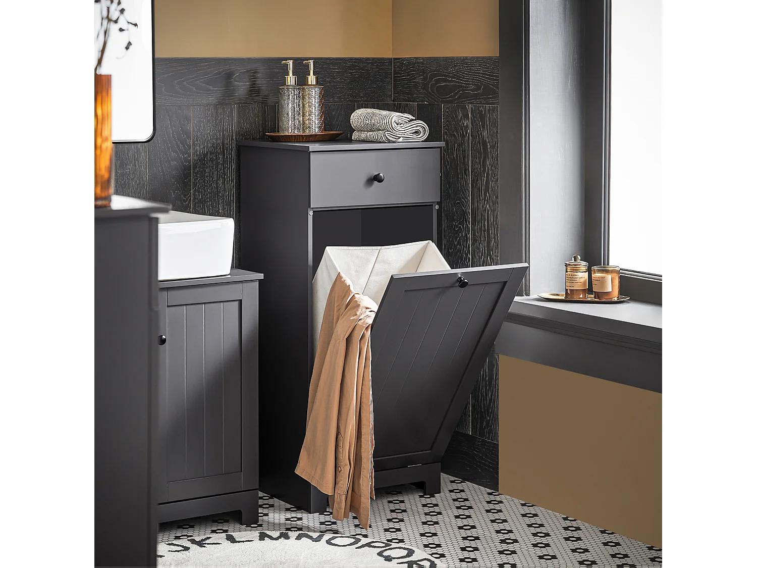 SoBuy Mobile porta biancheria per bagno con cassetto e cesto biancheria sporca L40*P38*A90cm Grigio BZR21-DG