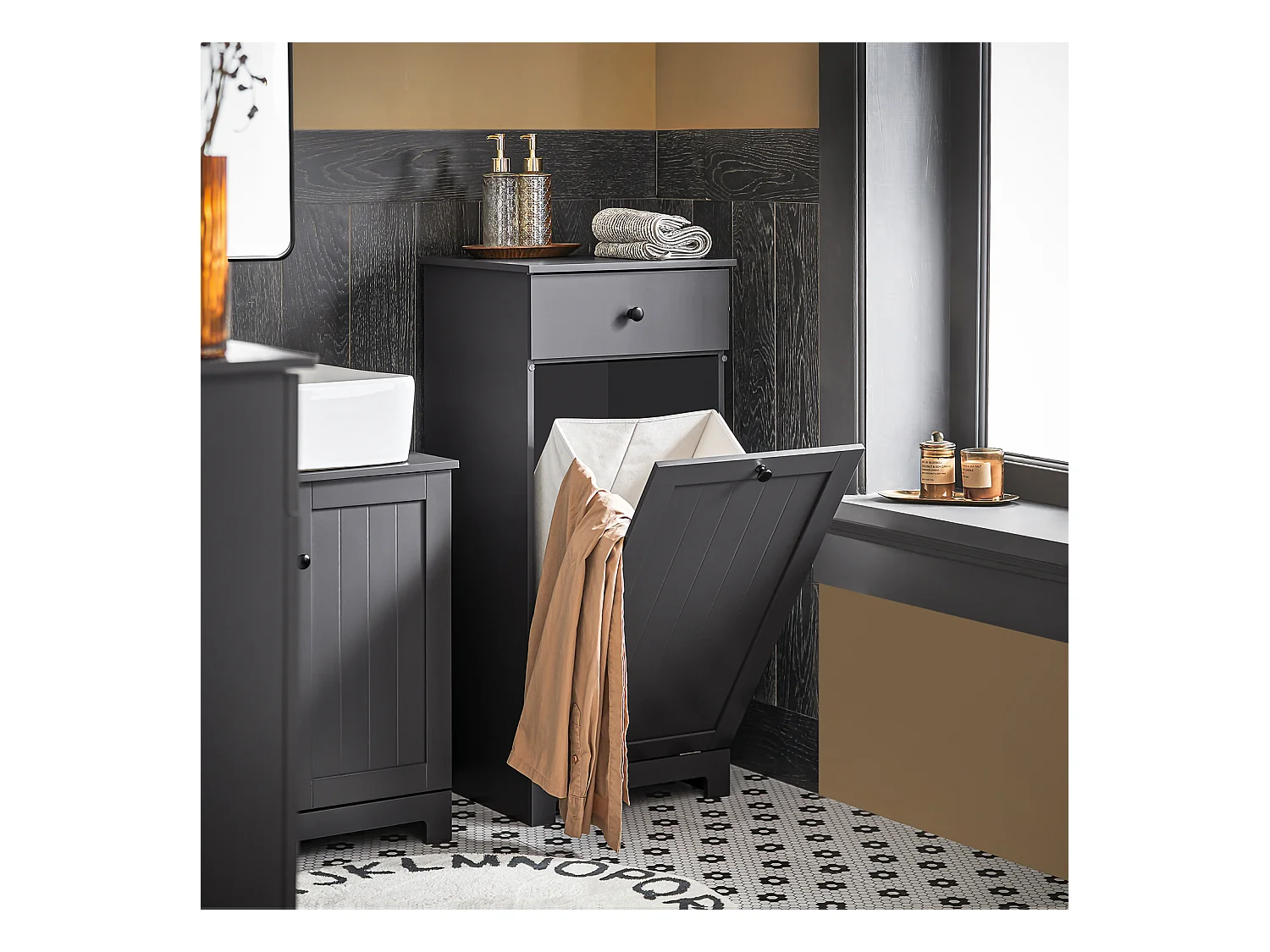 SoBuy BZR21-DG Badkamerkast Opbergkist met Wasmand Laundry Hamper - Grijs (Breedte 40cm)