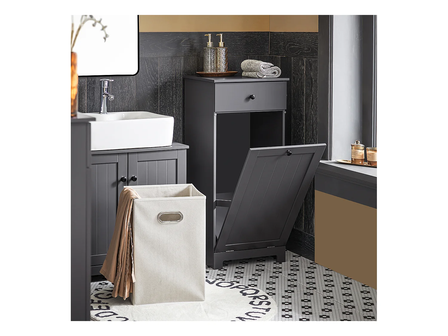 SoBuy BZR21-DG Badkamerkast Opbergkist met Wasmand Laundry Hamper - Grijs (Breedte 40cm)