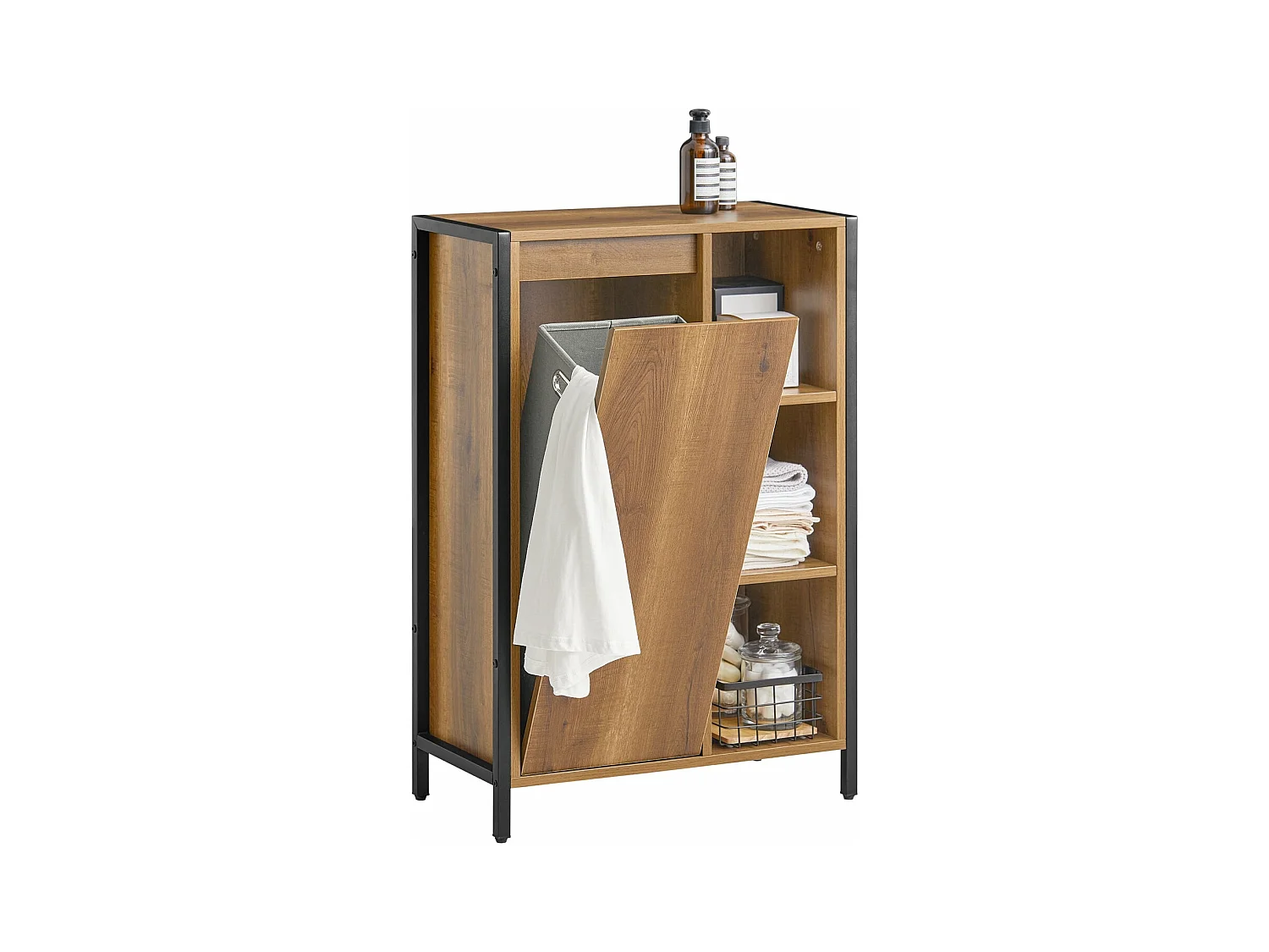 SoBuy BZR65-PF Badkamerkast met Kantelbare Wasmand, Badkamermeubel met Waskast, Lage Kast, Staande kast met 3 Compartiment en 1 Wasmand