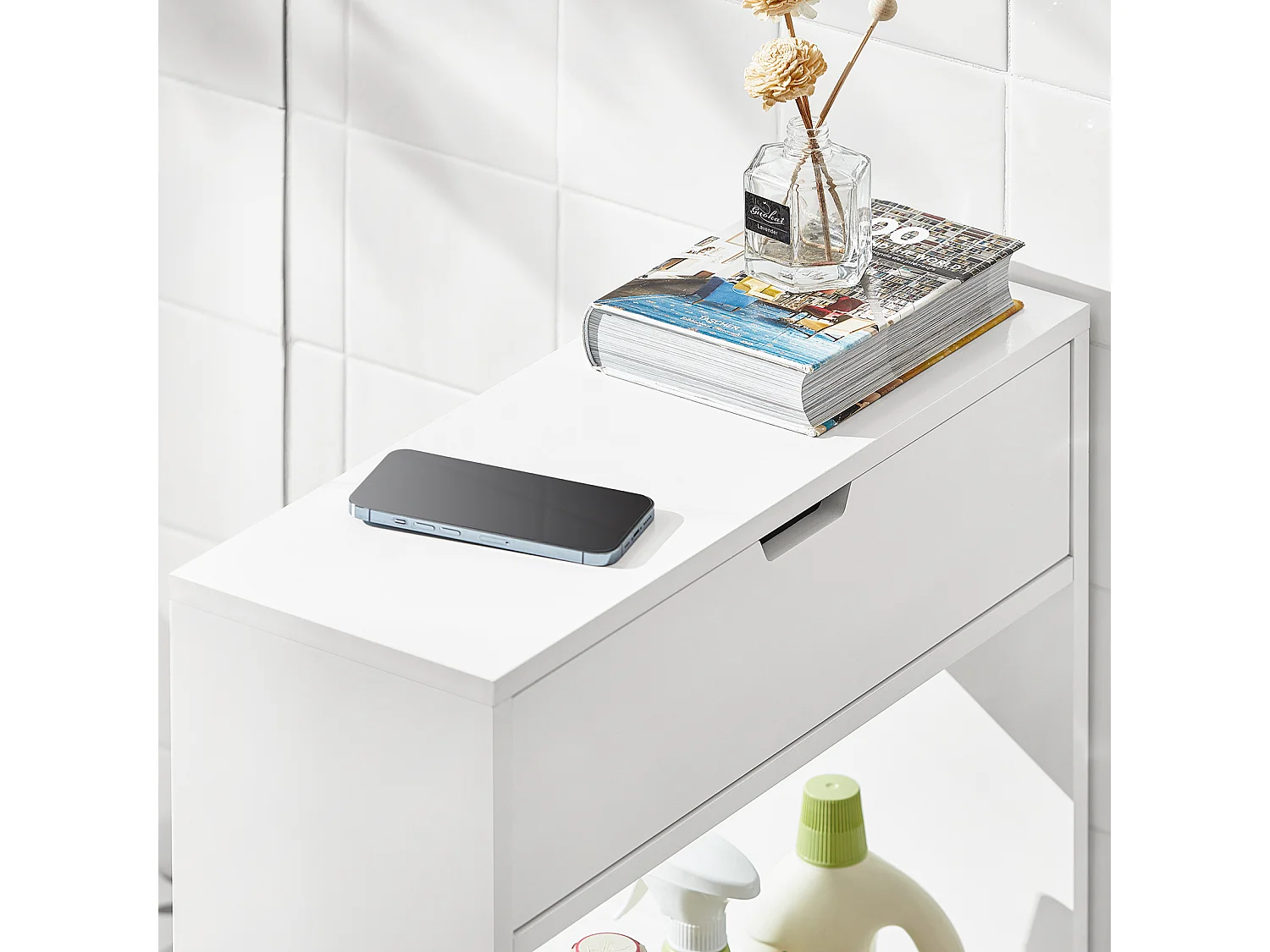 SoBuy Mobiletto da bagno Portaoggetti Bagno Portarotolo e Portascopino Mobiletto salvaspazio con 1 ripiano aperto e 1 cassettiera, 55x20x60cm BZR48-W