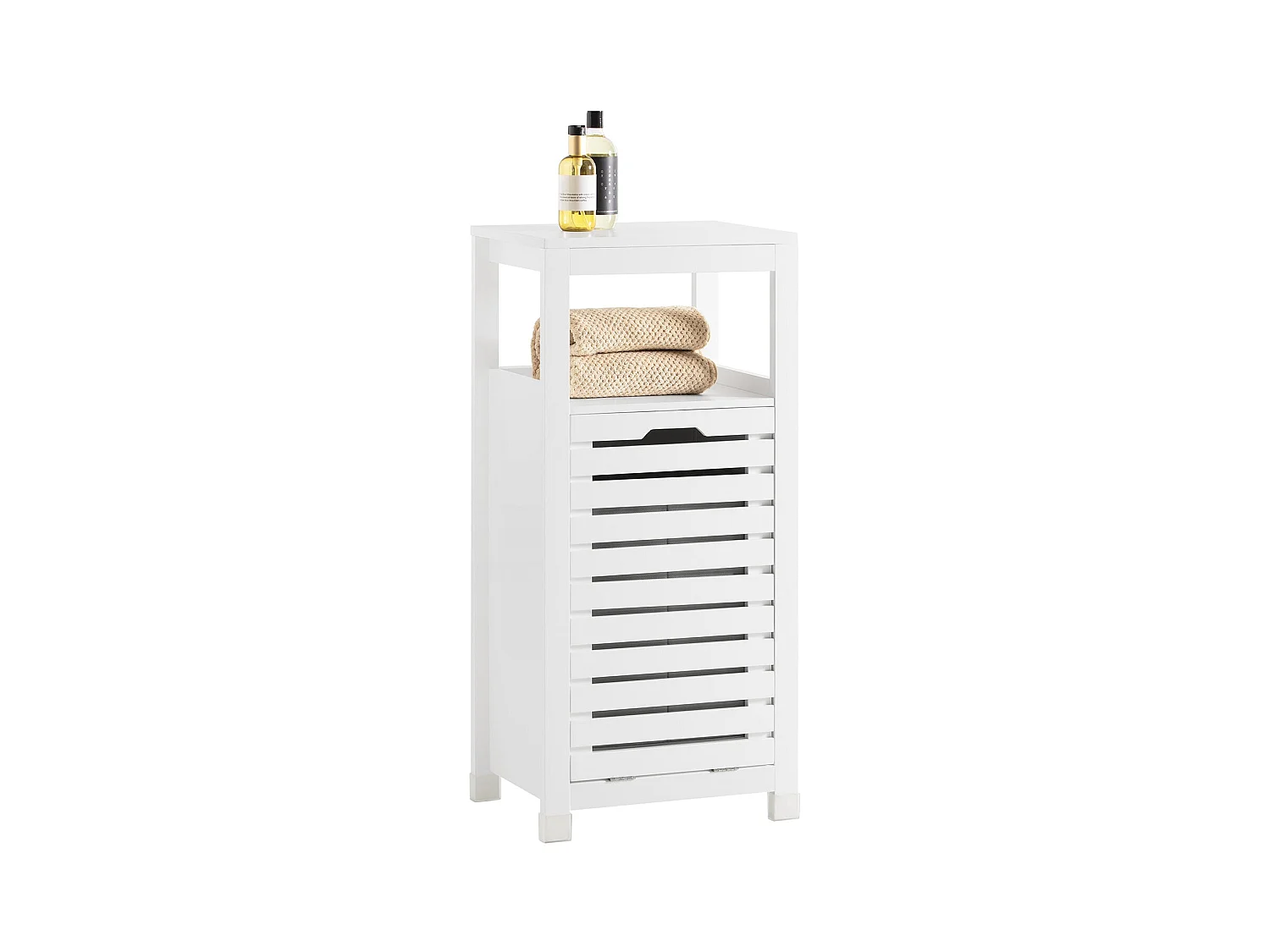 SoBuy BZR67-W Badkamermeubel, Badkamerkast, Halfhoge Opbergkast, Lage Kast, Smal Badkamerkastje, Opbergkast met 1 Kantelbare Wasmand
