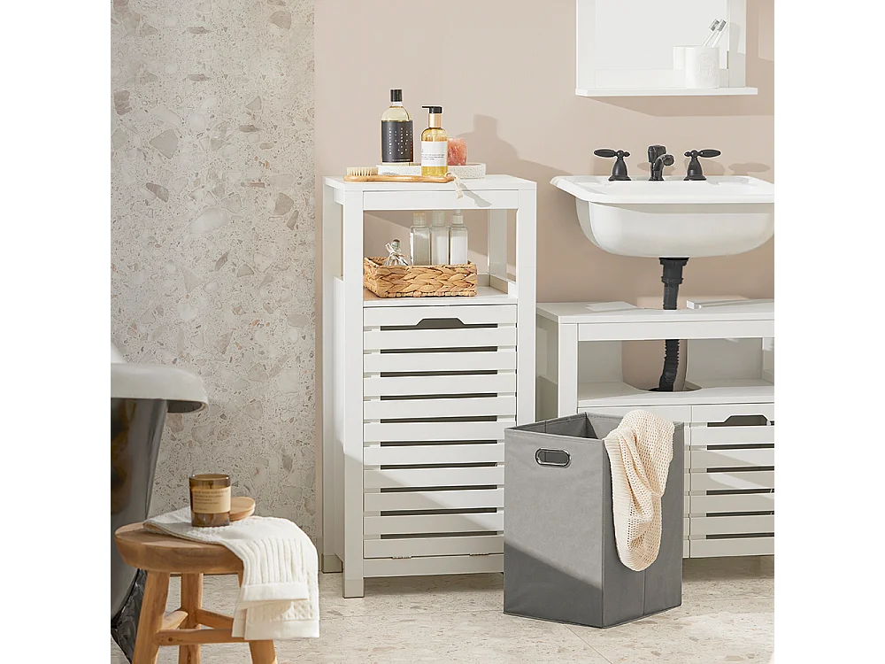 SoBuy BZR67-W Badkamermeubel, Badkamerkast, Halfhoge Opbergkast, Lage Kast, Smal Badkamerkastje, Opbergkast met 1 Kantelbare Wasmand