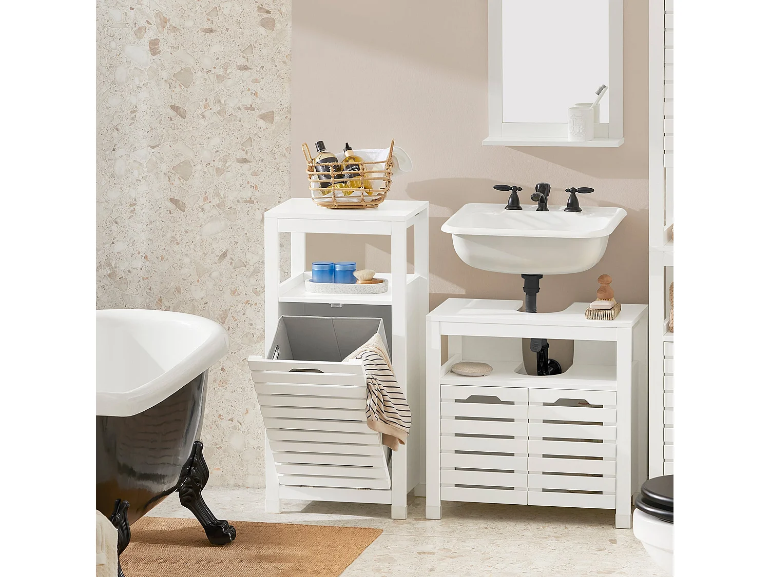 SoBuy BZR67-W Badkamermeubel, Badkamerkast, Halfhoge Opbergkast, Lage Kast, Smal Badkamerkastje, Opbergkast met 1 Kantelbare Wasmand