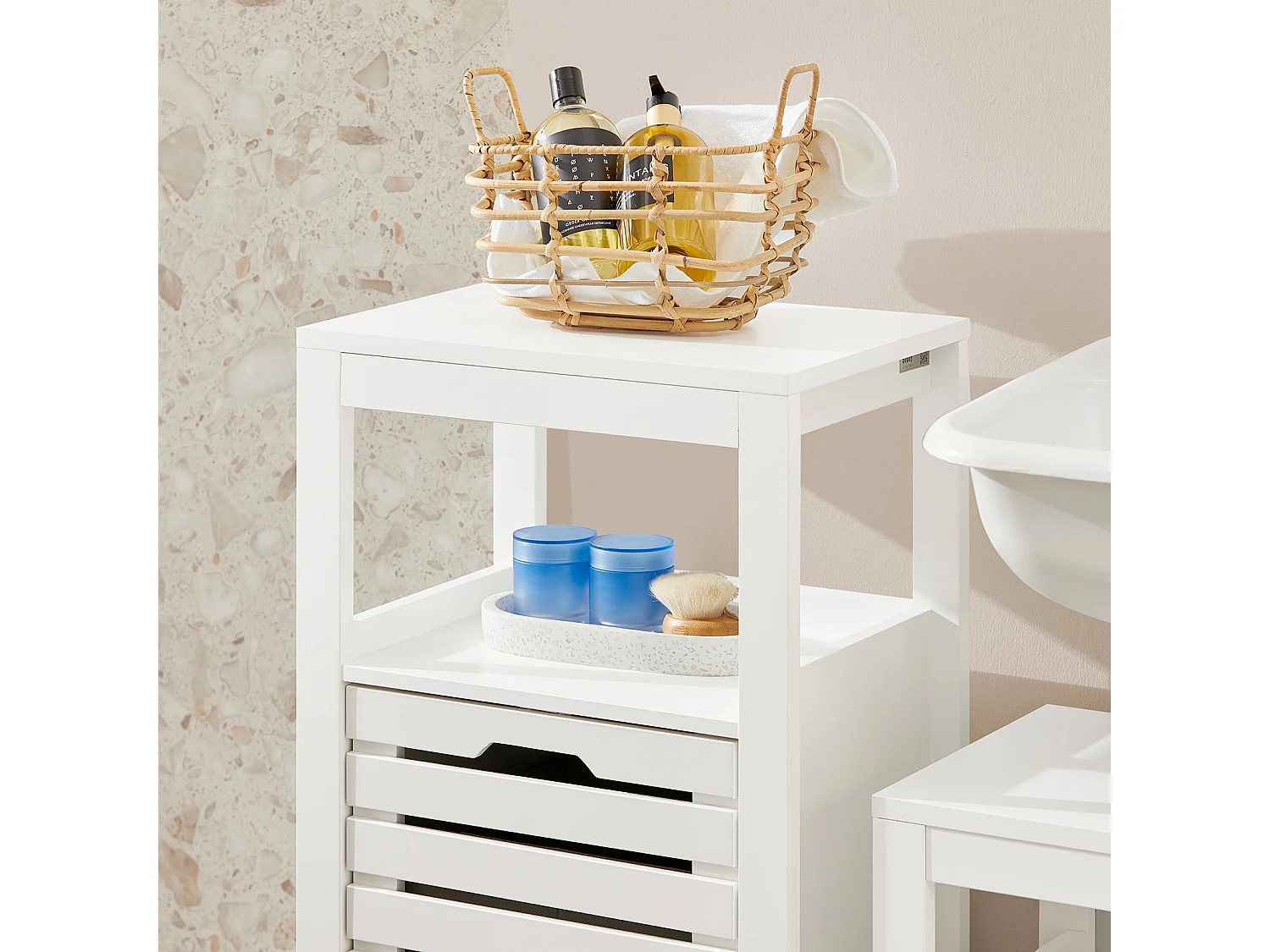 SoBuy BZR67-W Badkamermeubel, Badkamerkast, Halfhoge Opbergkast, Lage Kast, Smal Badkamerkastje, Opbergkast met 1 Kantelbare Wasmand