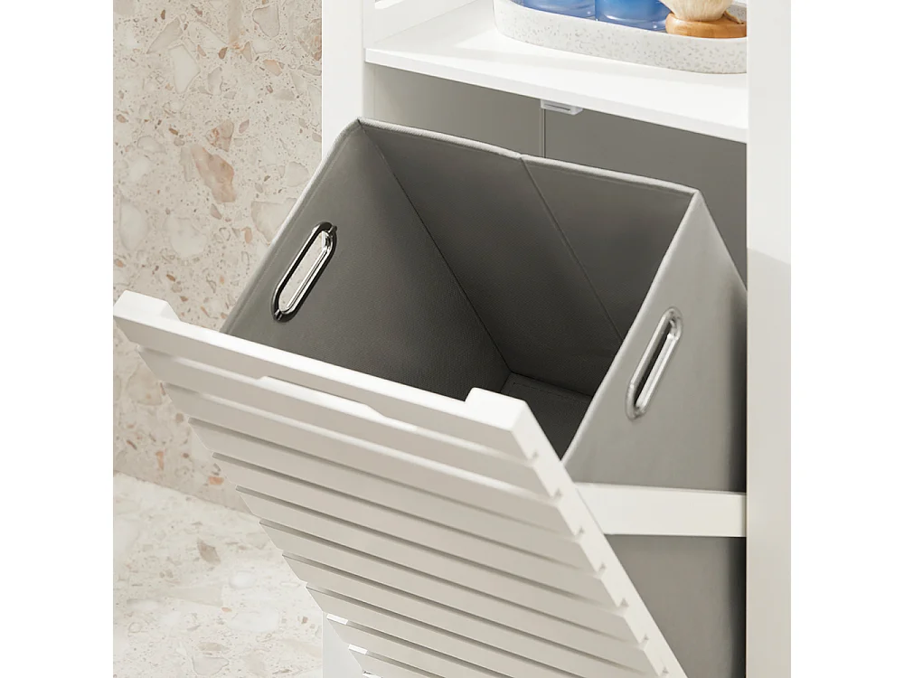 SoBuy BZR67-W Badkamermeubel, Badkamerkast, Halfhoge Opbergkast, Lage Kast, Smal Badkamerkastje, Opbergkast met 1 Kantelbare Wasmand