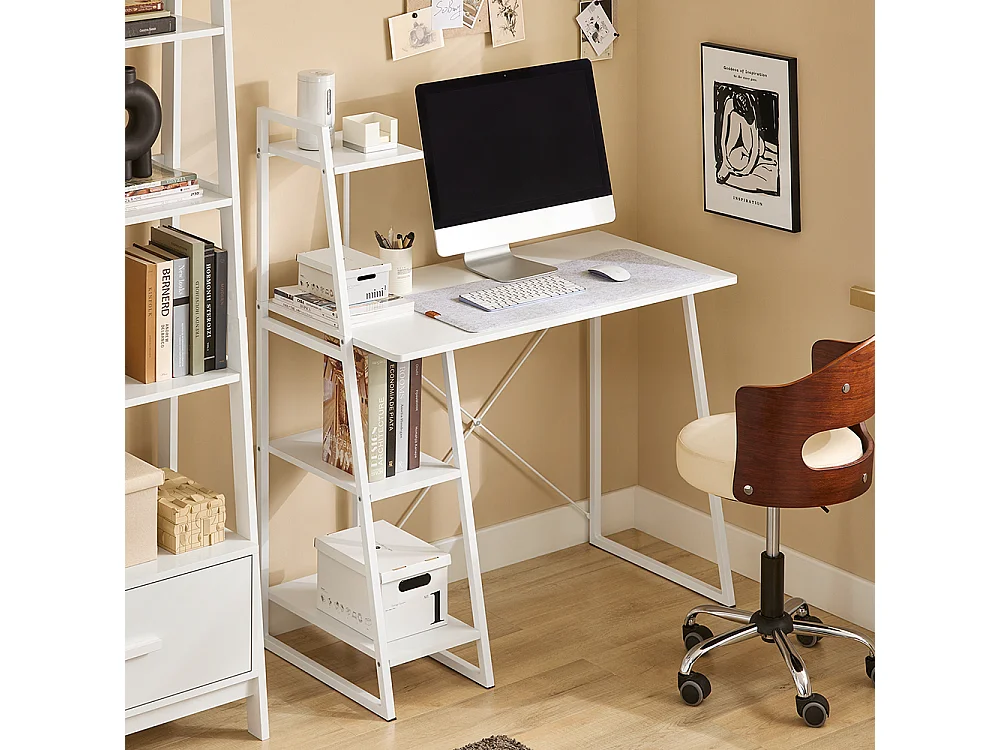 Bureau Informatique, Secrétaire Table Plan De Travail Avec 3 Étagères Cadre Métal -blanc, Fwt29-w