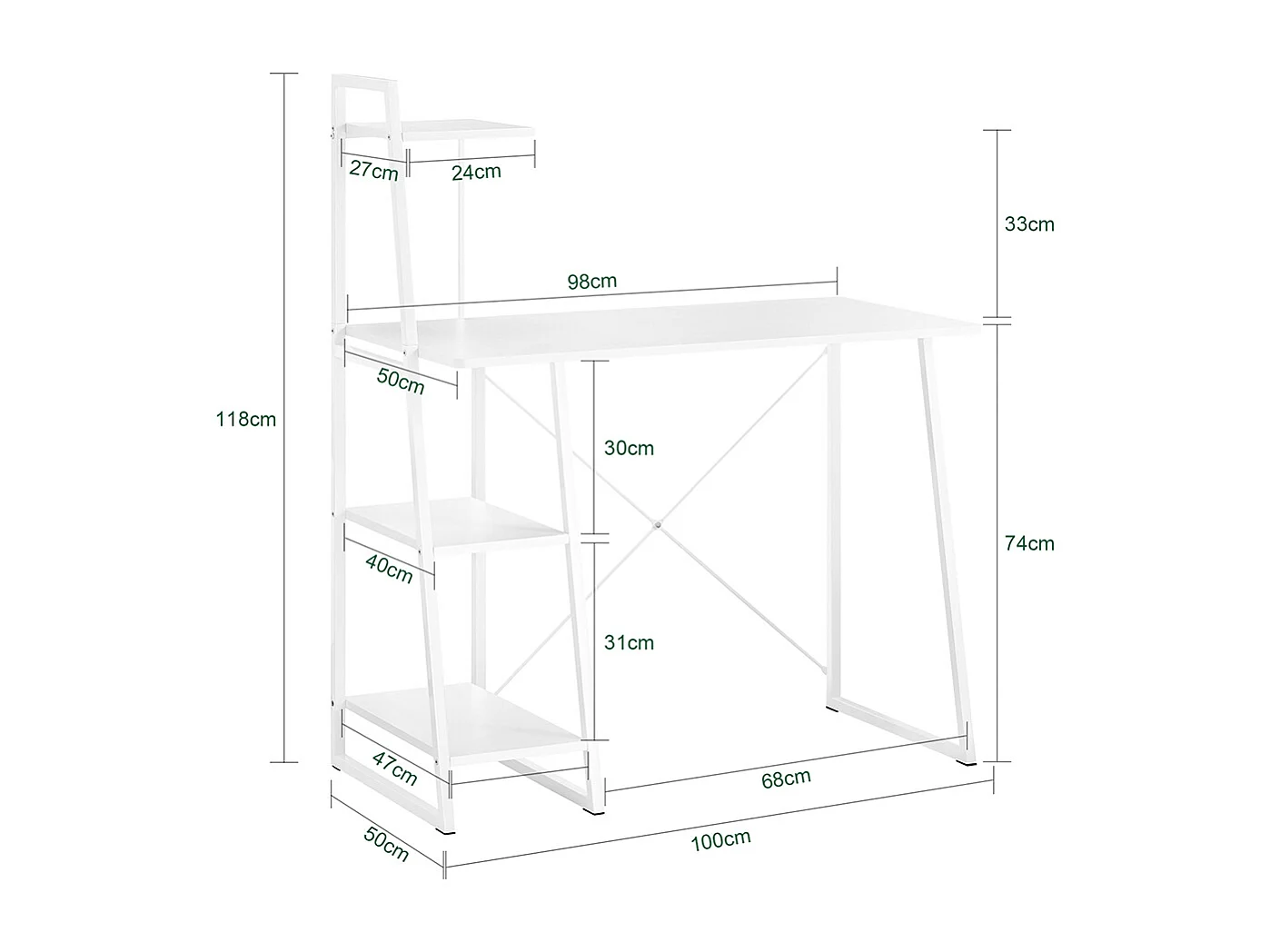 Bureau Informatique, Secrétaire Table Plan De Travail Avec 3 Étagères Cadre Métal -blanc, Fwt29-w