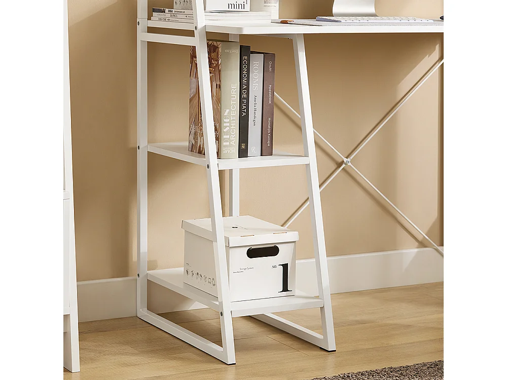 Bureau Informatique, Secrétaire Table Plan De Travail Avec 3 Étagères Cadre Métal -blanc, Fwt29-w