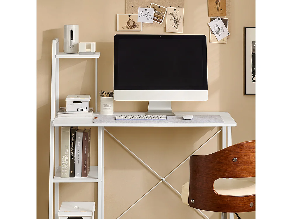 Bureau Informatique, Secrétaire Table Plan De Travail Avec 3 Étagères Cadre Métal -blanc, Fwt29-w