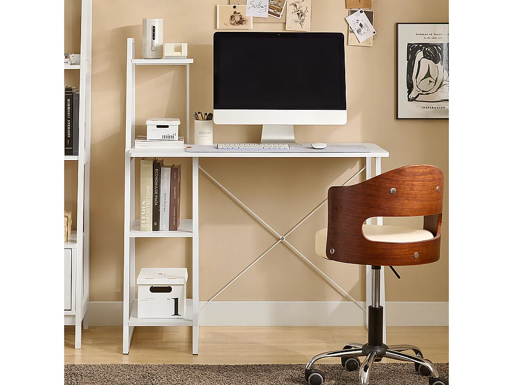 Bureau Informatique, Secrétaire Table Plan De Travail Avec 3 Étagères Cadre Métal -blanc, Fwt29-w