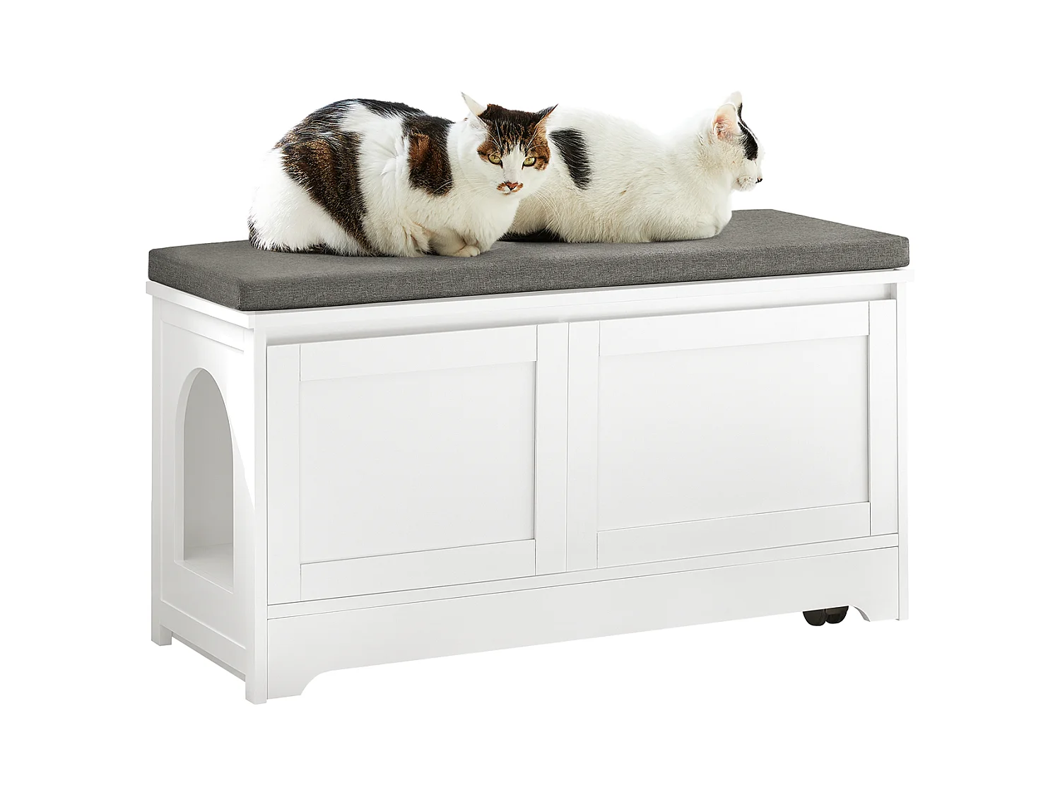 Banc De Rangement Banc À Chaussures Avec 2 Portes Et 3 Bols Meuble Bas Litière Chat, Fsr136-w