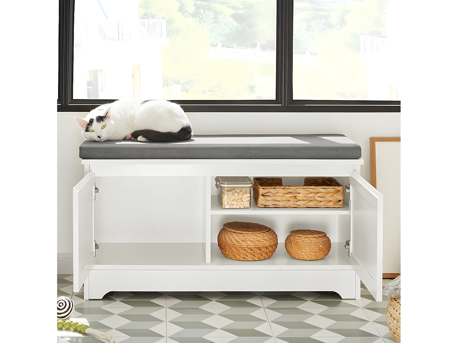 SoBuy FSR136-W Kattenhuis, Katten Bench, Kattenbak Kast, kattenbakkast, Schoenenbank, Schoenenrek, Schoenenkruk