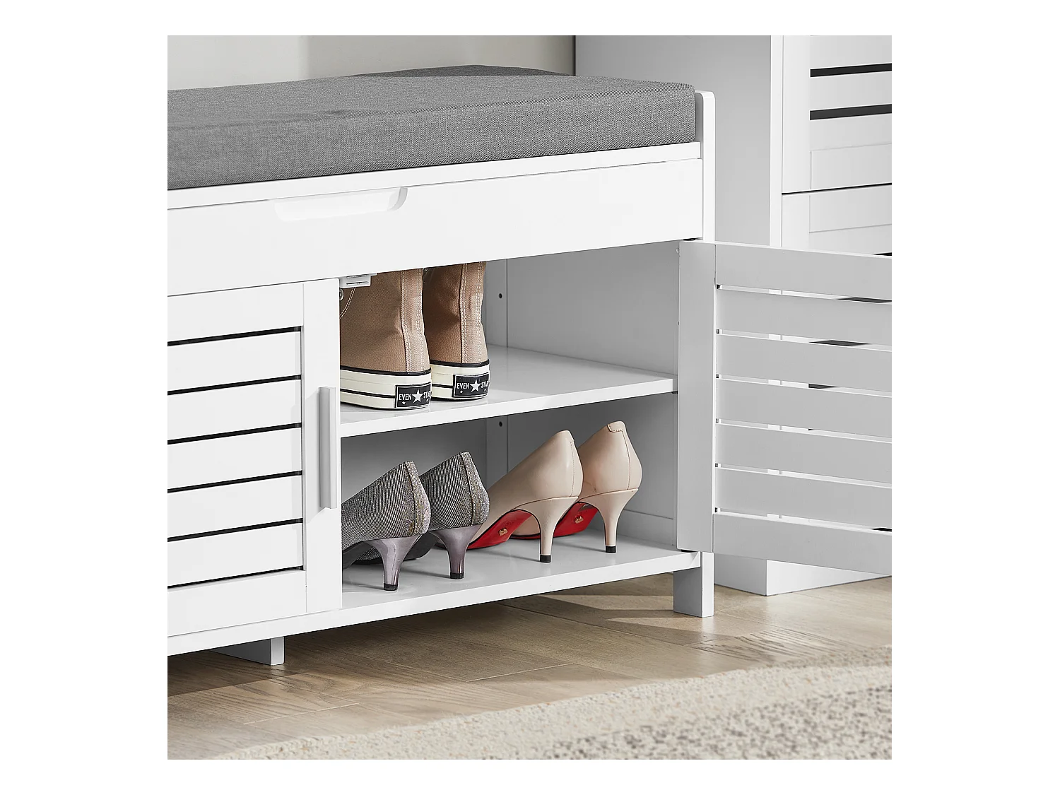 SoBuy Panca contenitore con 2 ante Scarpiera con vano portaoggetti Panca ingresso Bianco, L90xP33xA50 cm FSR102-W