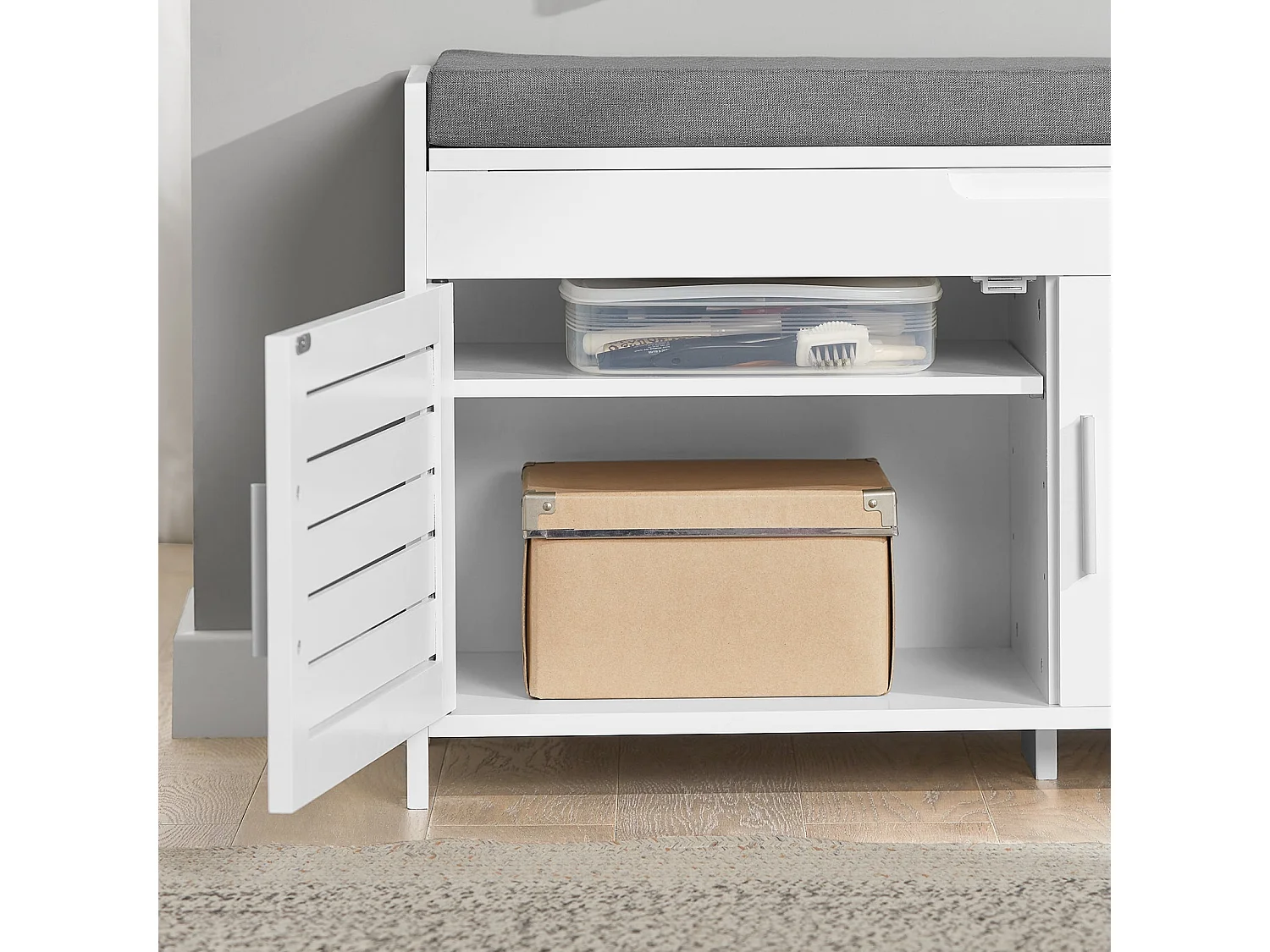 Banc De Rangement Avec Coussin Rembourré Meuble Bas Entrée Commode À Chaussure, Fsr102-w