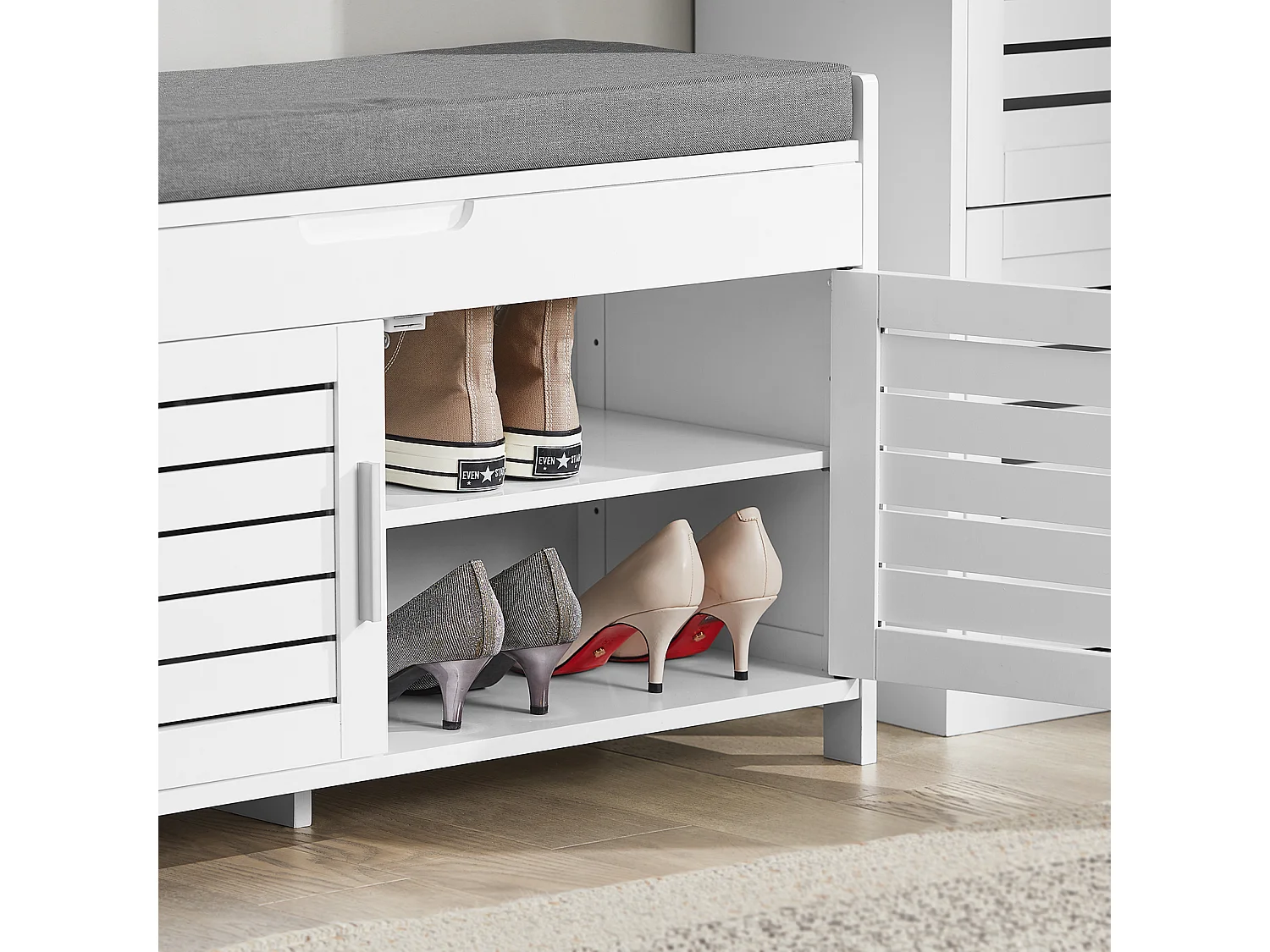 Banc De Rangement Avec Coussin Rembourré Meuble Bas Entrée Commode À Chaussure, Fsr102-w