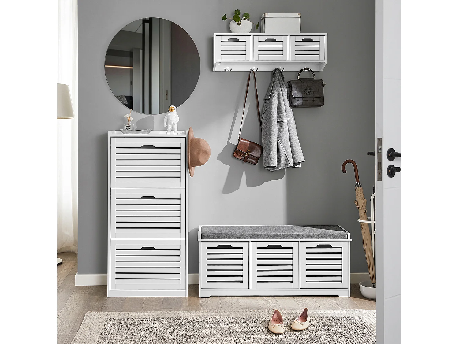 Banc De Rangement Avec Coussin Rembourré Meuble Bas Entrée Commode À Chaussure, Fsr102-w