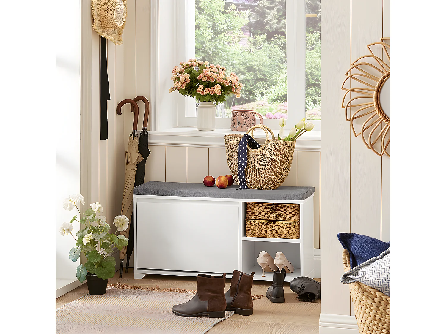 Banco Zapatero con 1 Solapa y 2 Compartimentos Abiertos Organizador para Zapatos 90 x 24 x 46 cm Blanco FSR119-W SoBuy ES