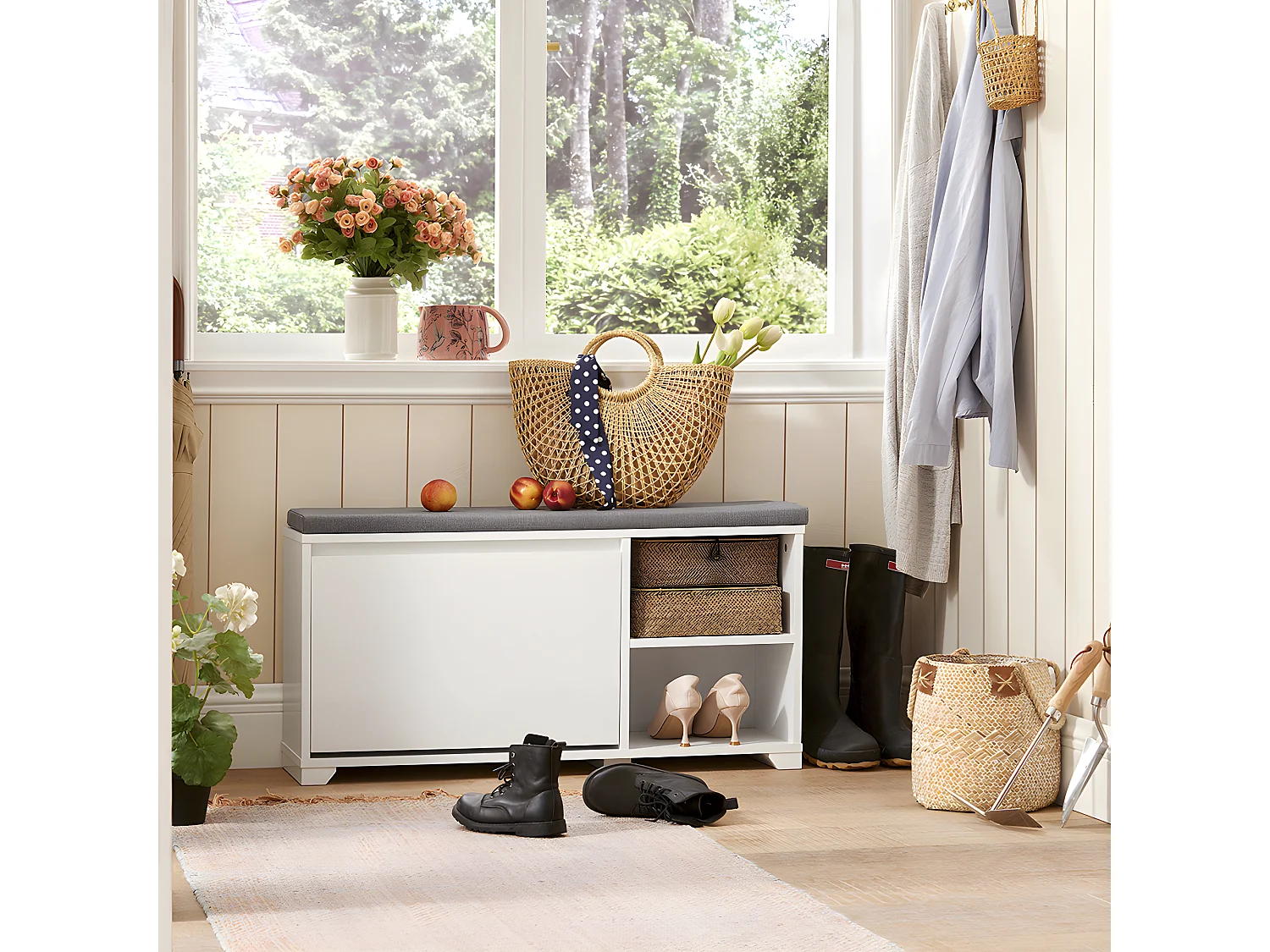 Banco Zapatero con 1 Solapa y 2 Compartimentos Abiertos Organizador para Zapatos 90 x 24 x 46 cm Blanco FSR119-W SoBuy ES