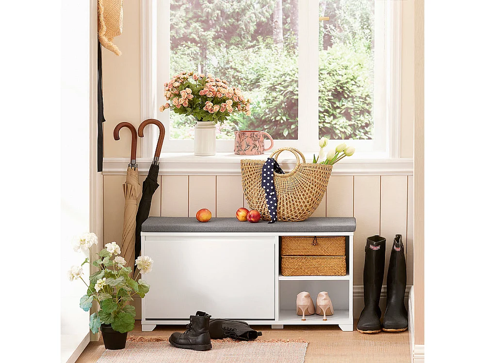 Banc À Chaussures Meuble À Chaussures Meuble D’entrée Avec Coussin, 2 Compartiments, Fsr119-w