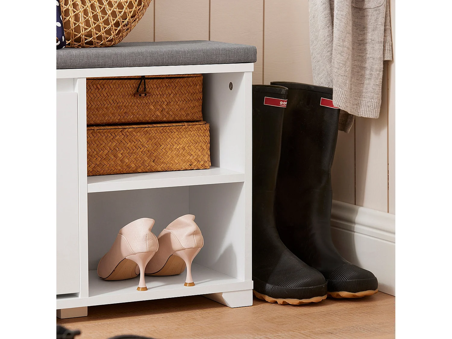 Banc À Chaussures Meuble À Chaussures Meuble D’entrée Avec Coussin, 2 Compartiments, Fsr119-w
