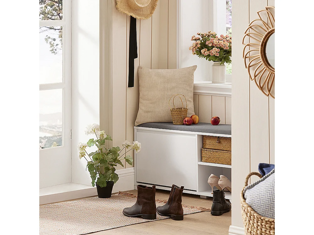 Banc À Chaussures Meuble À Chaussures Meuble D’entrée Avec Coussin, 2 Compartiments, Fsr119-w