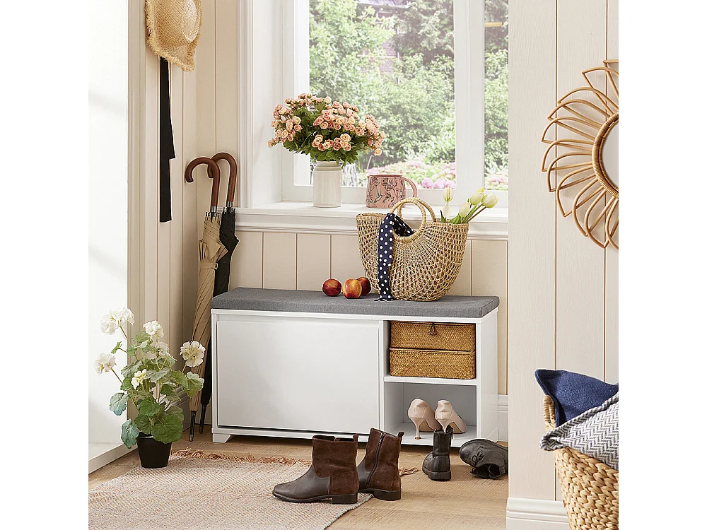 Banc À Chaussures Meuble À Chaussures Meuble D’entrée Avec Coussin, 2 Compartiments, Fsr119-w