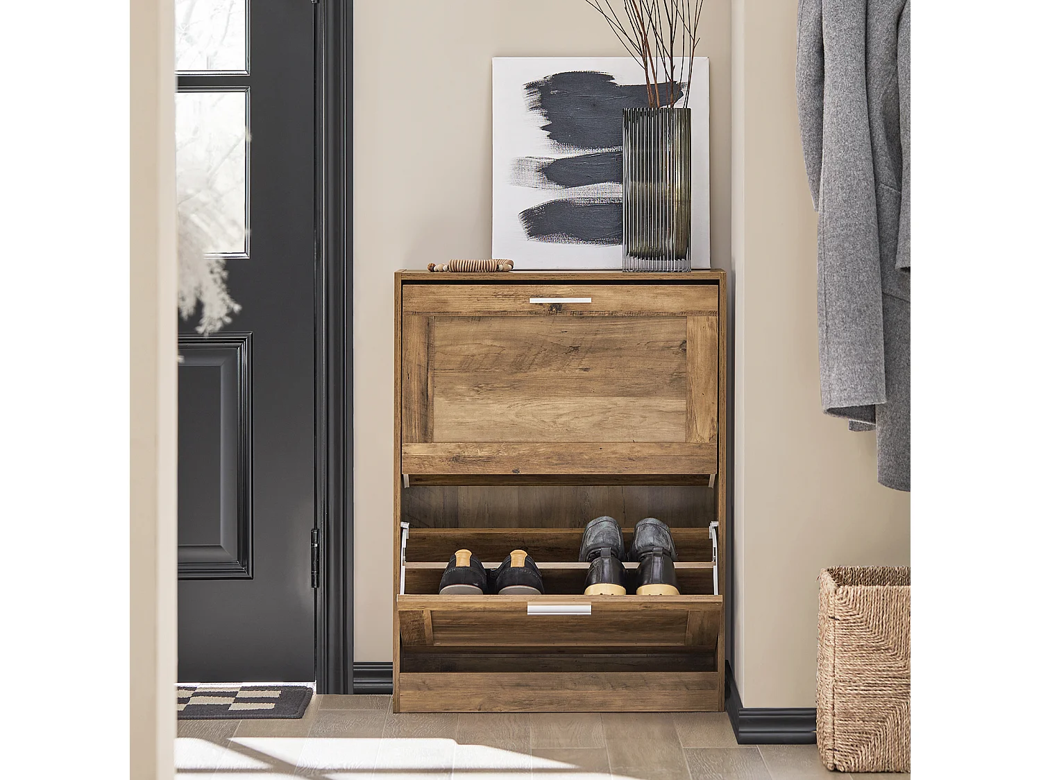 Armoire À Chaussures Commode À Chaussures Avec 2 Abattants Pour Entrée Couloir, Fsr137-f