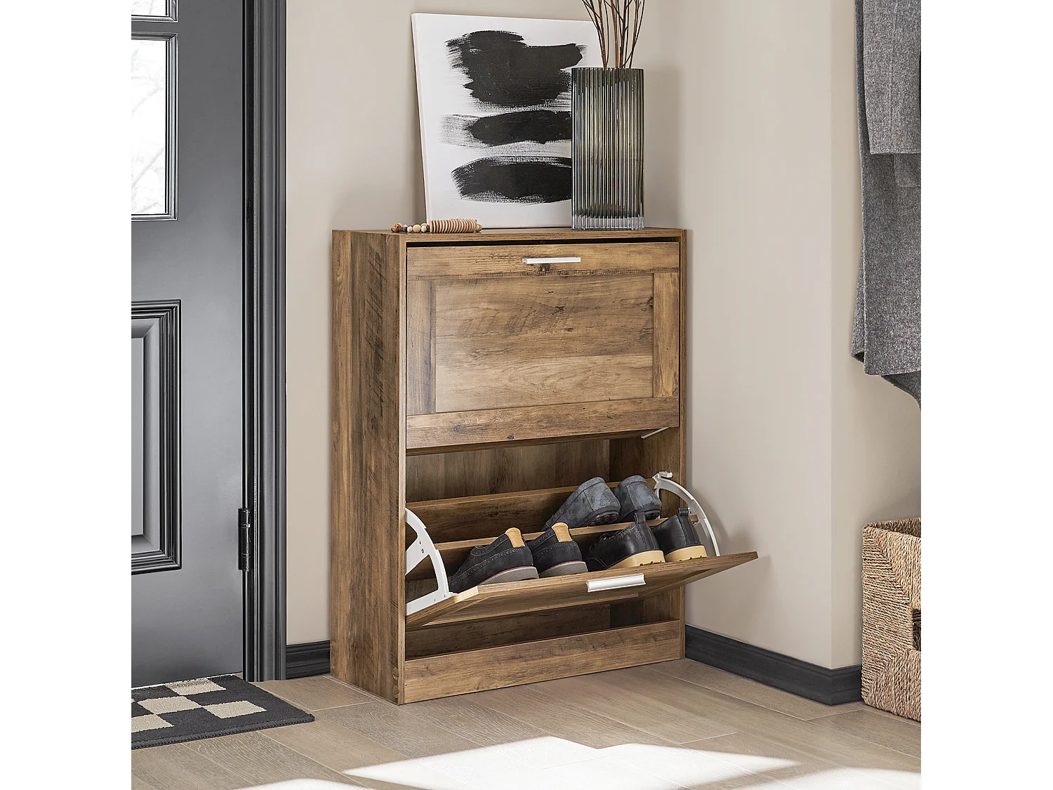 Armoire À Chaussures Commode À Chaussures Avec 2 Abattants Pour Entrée Couloir, Fsr137-f