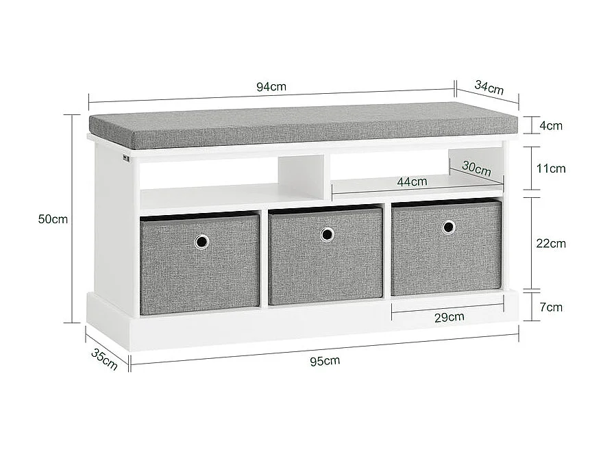 Banc De Rangement Avec Coussin Rembourré 2 Compartiments Et 3 Paniers Meuble Bas Entrée, Fsr67-hg