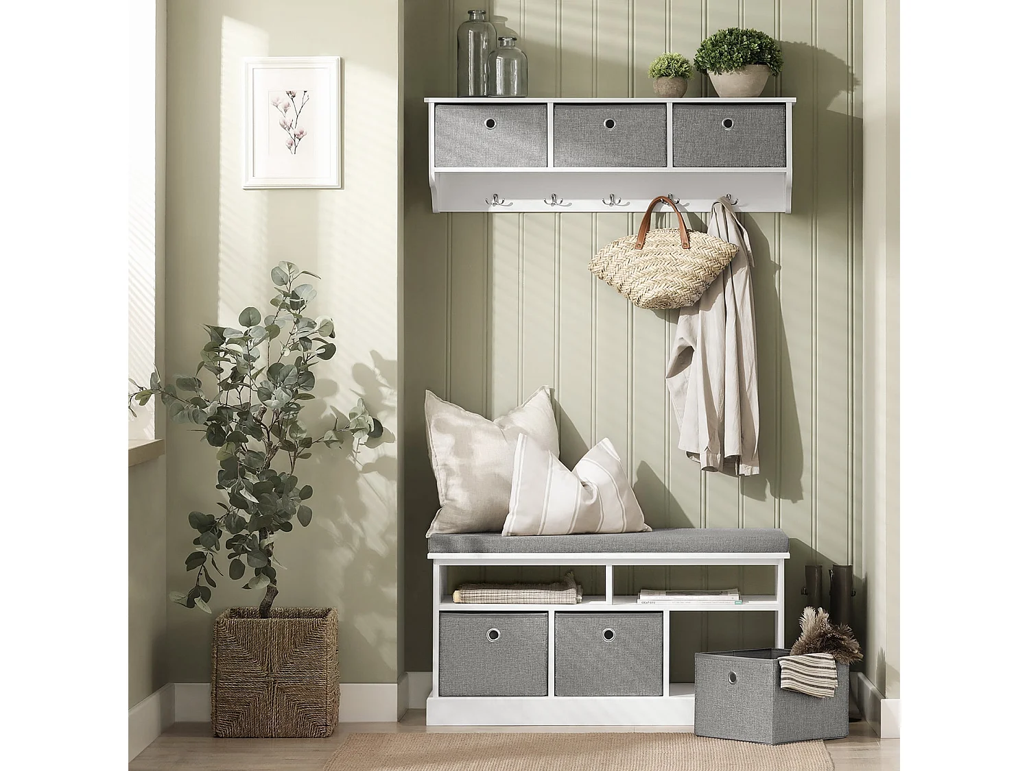 Banc De Rangement Avec Coussin Rembourré 2 Compartiments Et 3 Paniers Meuble Bas Entrée, Fsr67-hg