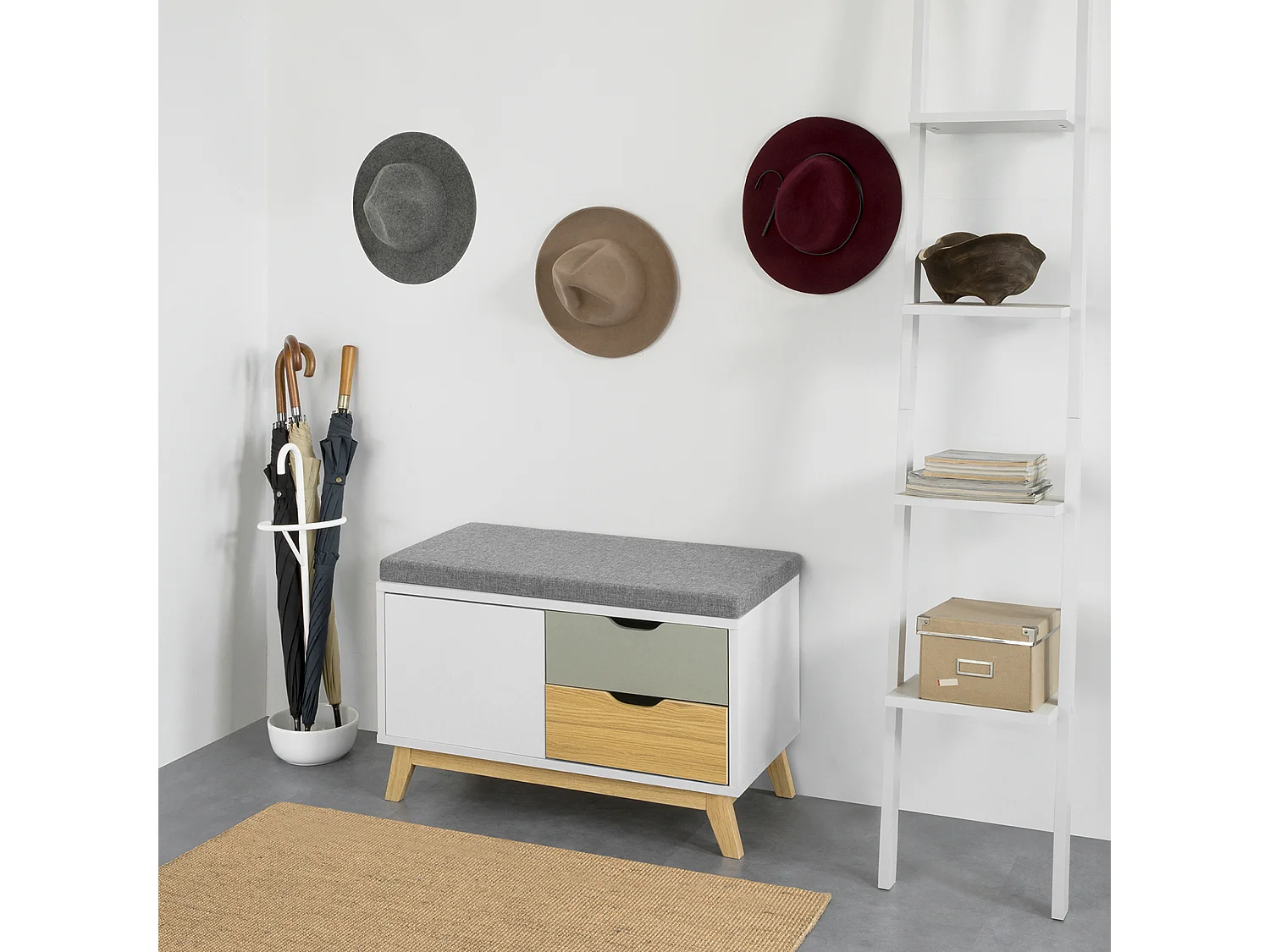 Banc De Rangement Meuble D'entrée Avec Coussin Rembourré, 2 Tiroirs Et 1 Porte, Fsr92-w