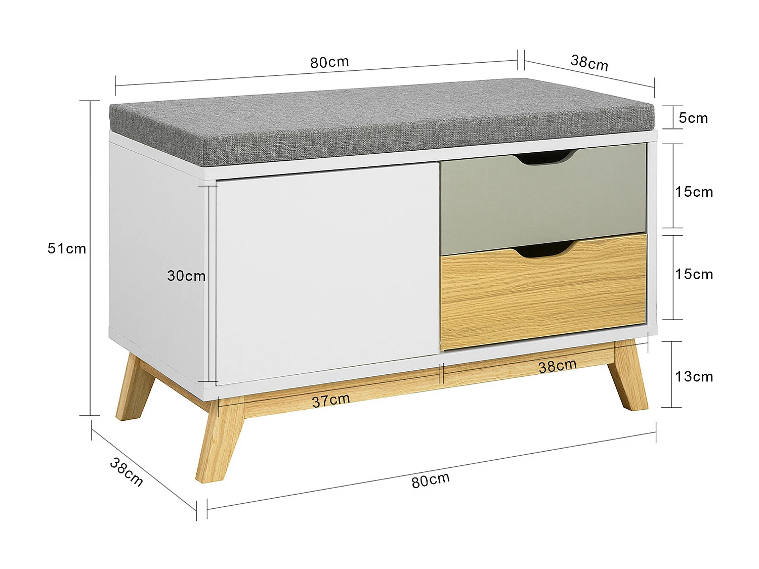 Banc De Rangement Meuble D'entrée Avec Coussin Rembourré, 2 Tiroirs Et 1 Porte, Fsr92-w
