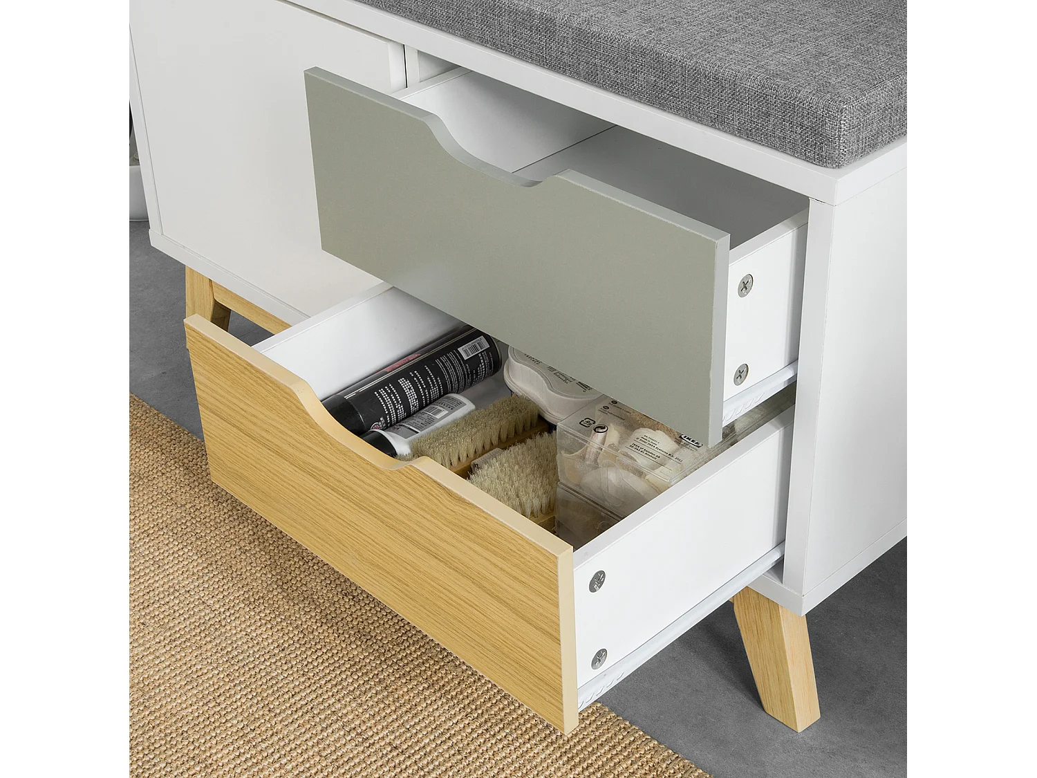 Banc De Rangement Meuble D'entrée Avec Coussin Rembourré, 2 Tiroirs Et 1 Porte, Fsr92-w