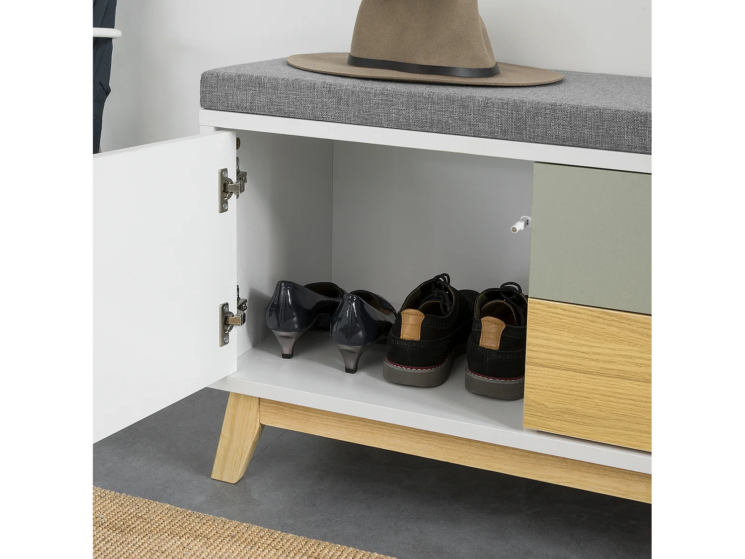 Banc De Rangement Meuble D'entrée Avec Coussin Rembourré, 2 Tiroirs Et 1 Porte, Fsr92-w