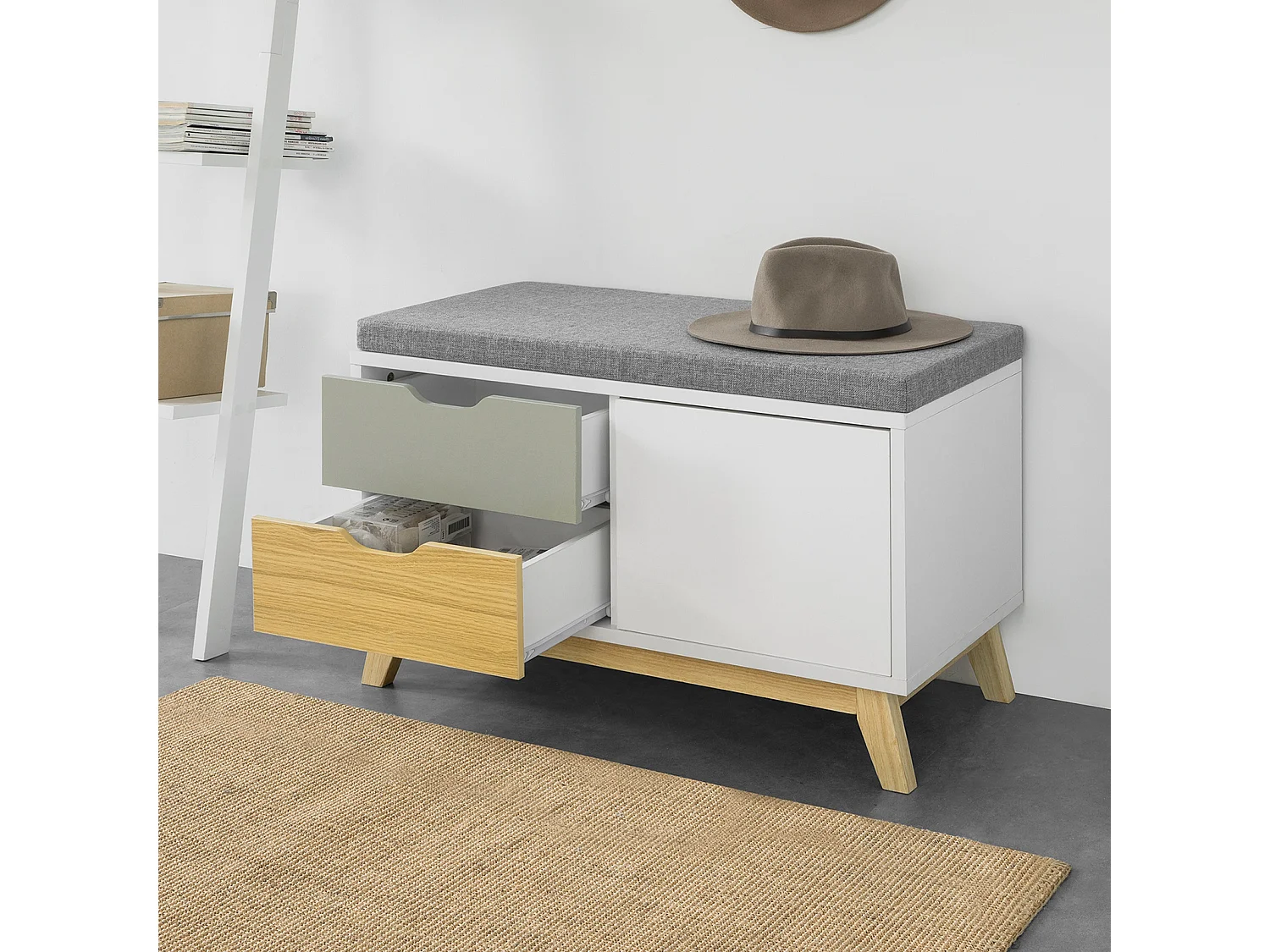 Banc De Rangement Meuble D'entrée Avec Coussin Rembourré, 2 Tiroirs Et 1 Porte, Fsr92-w