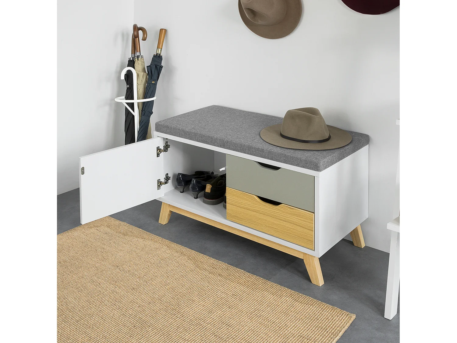 Banc De Rangement Meuble D'entrée Avec Coussin Rembourré, 2 Tiroirs Et 1 Porte, Fsr92-w