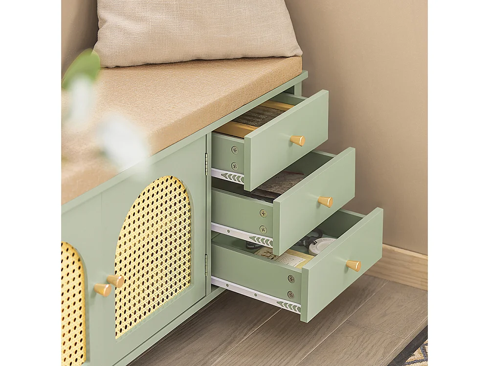 Banc De Rangement Meuble Banc À Chaussures Avec 3 Tiroirs 1 Coussin Rembourré Et 2 Portes, Fsr129-gr