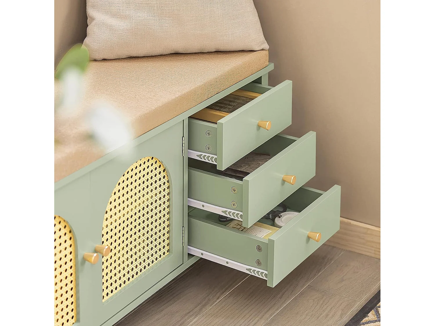 Banco Zapatero con 2 Puertas y 3 cajones Armario Multifuncional para Entrada con cojín 100 x 34 x 46 cm Verde FSR129-GR SoBuy ES