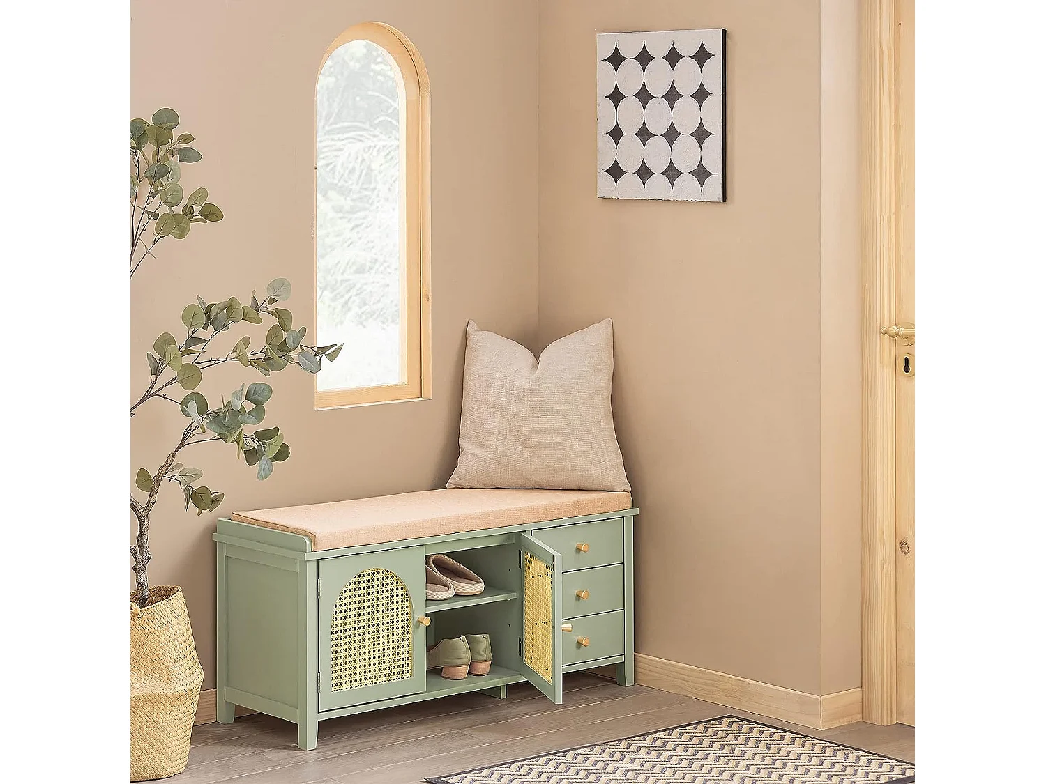 Banc De Rangement Meuble Banc À Chaussures Avec 3 Tiroirs 1 Coussin Rembourré Et 2 Portes, Fsr129-gr